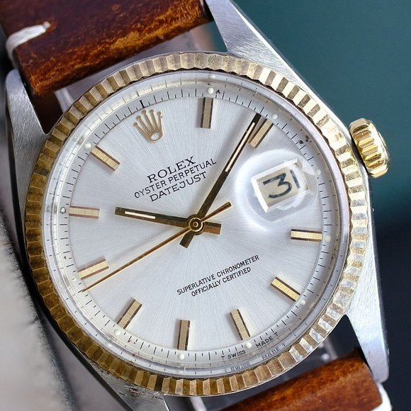 ROLEX MENS DATEJUST WATCH STEEL SILVER INDEX DIAL FLUTED BEZEL LEATHER BAND 1601 - Picture 1 of 12